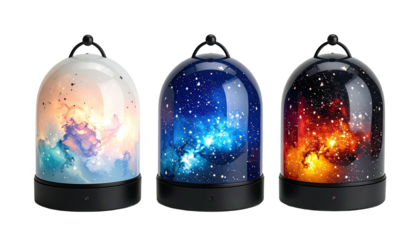 Three domed galaxy nightlights, different colorful starfields glow.
