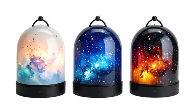 Three domed galaxy nightlights, different colorful starfields glow.