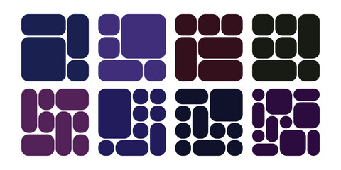 Abstract geometric layout grids with rounded rectangles in blue purple and red tones