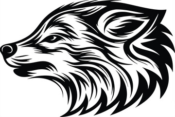 Stylized wolf profile shows bold black and white line art design