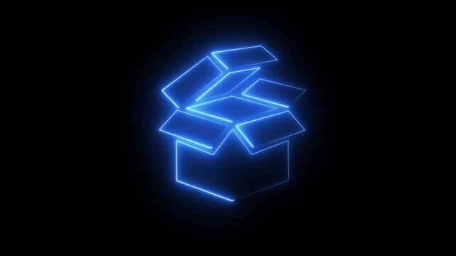 glowing neon line Open box neon box package delivery service. Gift box icon. card box icon ,packing box , cartoon box animation . parcel box icon. shipping and logistics box parcel E-commerce concept.