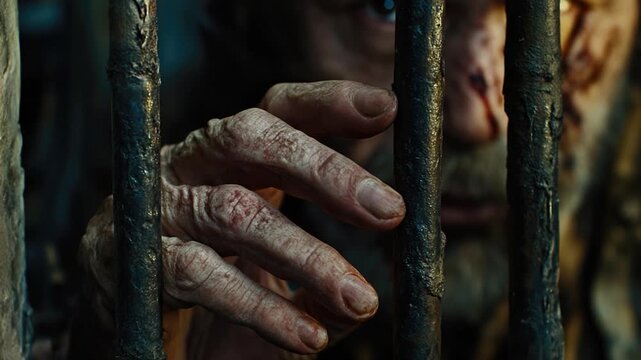 A close-up of a person's hand grasping the bars, suggesting imprisonment or confinement