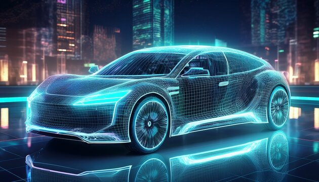 digital twin concept of car wireframe rendering of sport car and mirrored physical body side by side vehicle 3d rendering and holographic representation on a futuristic urban background - Powered by Adobe