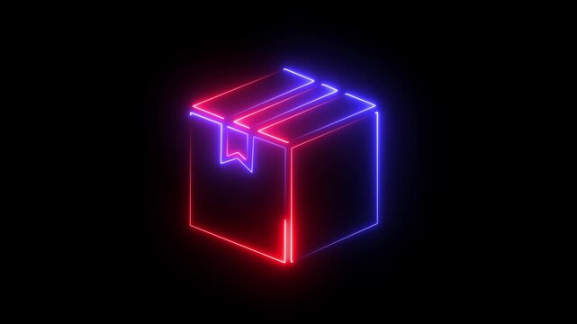 glowing neon line Open box neon box package delivery service. Gift box icon. card box icon ,packing box , cartoon box animation . parcel box icon. shipping and logistics box parcel E-commerce concept.