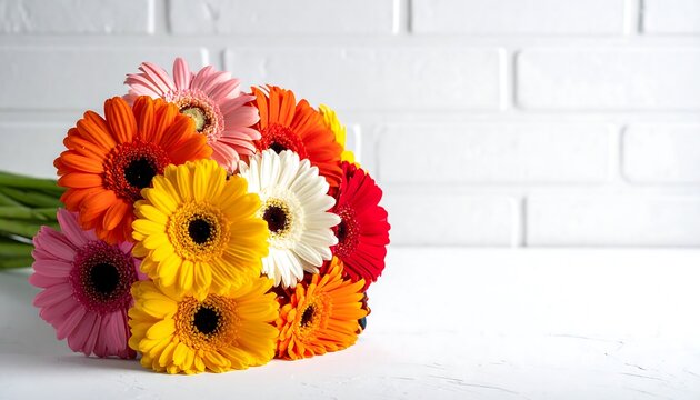 A vibrant bouquet of gerbera daisies in various colors rests on a white surface against a brick wall - Powered by Adobe
