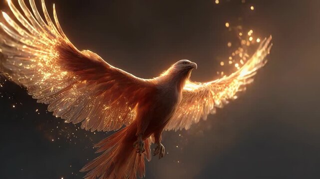 Majestic Phoenix Ascending: Golden Bird with Sparkling Wings Soaring Against a Dark Background, Symbolizing Rebirth and Transformation