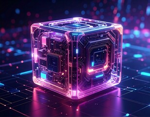 Glowing digital cube with intricate internal circuitry and data streaks