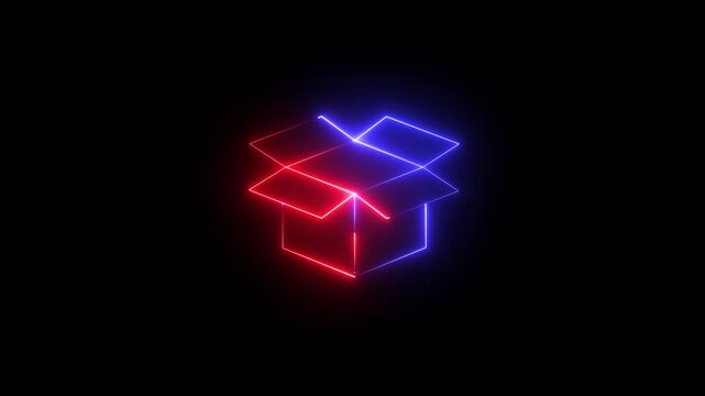glowing neon line Open box neon box package delivery service. Gift box icon. card box icon ,packing box , cartoon box animation . parcel box icon. shipping and logistics box parcel E-commerce concept.