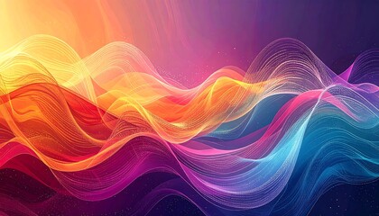 A vibrant abstract image featuring flowing, wave-like forms in gradients of orange, yellow, pink, purple, and blue with scattered specks