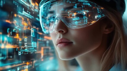 A woman in futuristic glasses views data projections. Glowing blue and orange circuits overlay the image - Powered by Adobe