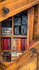 Fototapeta premium Close-up of an antique wooden letterpress type cabinet, filled with various letter blocks