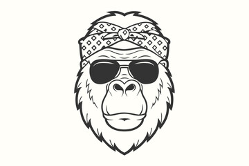 Monochrome gorilla portrait wearing stylish sunglasses and a bandana looks strikingly cool and confident