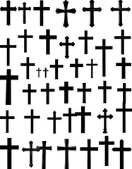 Collection of black crucifix symbols in various designs on a plain white background
