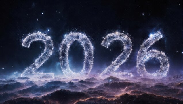 Ethereal 2026 New Years Design with Sparkling Numbers. - Powered by Adobe