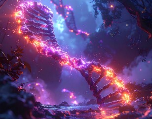 Glowing double helix in a magical forest with fantastical light