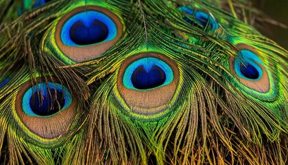 Fototapeta premium Close-up of vibrant peacock feathers, showcasing intricate patterns, colors, and detail