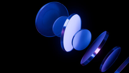 Series of blue glass lenses are arranged in floating sequence against black background, creating futuristic and abstract visual