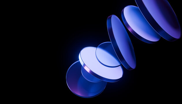 Series of blue and purple glass lenses are arranged in vertical line against black background, creating futuristic and abstract design