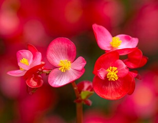 Fototapeta premium Close-up of vibrant pink and red begonia flowers with yellow centers against a blurred backdrop
