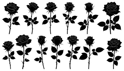 Collection of black silhouette roses with stems and leaves, arranged in two rows