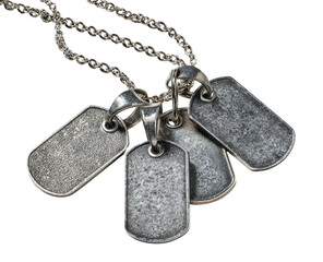 A close-up of five tarnished silver identification tags attached to a chain