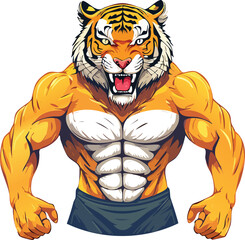 Fototapeta premium Muscular tiger mascot roaring, showing powerful chest and abs. Strong and athletic animal character in vector illustration. Transparent background EPS file. Ideal for e-sports, gym, fitness, or sports