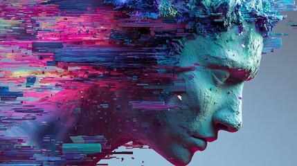 Overstimulated mind, human head splitting into digital fragments, neon glitch waves bursting outward, surreal sci-fi composition, emotional overload, hyper-realistic fine art, 