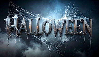 Halloween Night Banner With Spider Webs and Metallic Letters Spelling Out Halloween. AI Generated