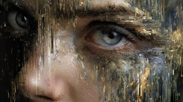 Symbolic digital fatigue, half-human half-machine face glitching, fragments of memory data floating around, surreal emotional art, 