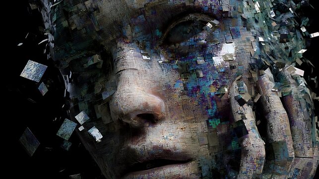 Symbolic digital fatigue, half-human half-machine face glitching, fragments of memory data floating around, surreal emotional art, 