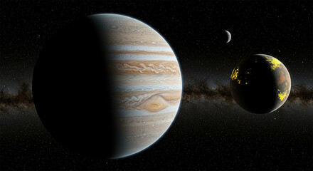 The Imaginary Jupiter System: A View of the Giant Planet and Its Glowing Moon Against the Milky Way Galaxy