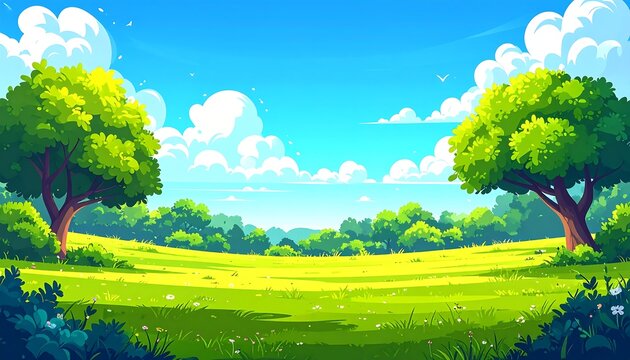 A vibrant cartoon landscape showcases a sunny day. Lush green grass and trees frame a bright, partly cloudy blue sky, creating a scenic view