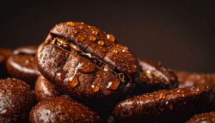 Freshly Brewed Awakening Close Up of Coffee Beans With Water Droplets for Morning Energy.