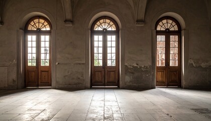 Three Arched Doors in a Hallway Letting in Natural Light Beautiful Architectural Design Historic Interior.