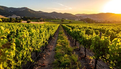 Obraz premium Vineyard at sunset, with rows of grapevines, rolling hills in the distance, and a bright sun. Landscape scene