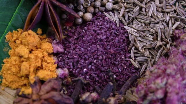 Tanner's Sumac (Rhus coriaria): Ground spice in composition. Macro texture of vibrant spice for cooking, top view