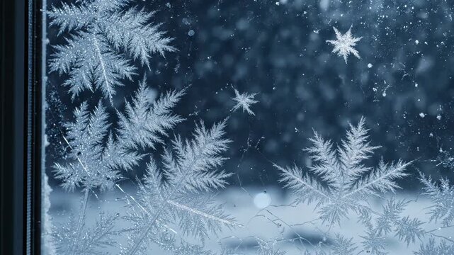 Frosty designs grace the windowpane while soft snowflakes drift down outside, creating a magical winter atmosphere as night falls.