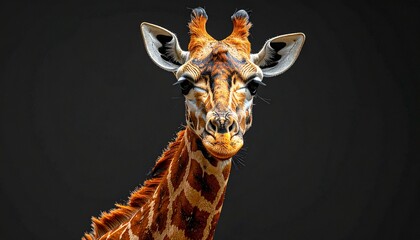 Majestic Giraffe Portrait Against Dark Background Captivating Wildlife Photography Graceful Animal Close Up.