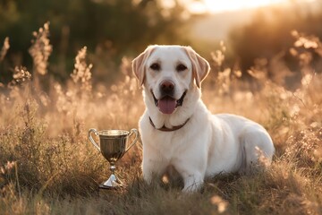 Playful Labrador Retriever Sitting in Golden Grass with Trophy Under Warm Sunset Light