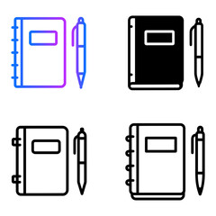 Vector four variations of a notebook with a pen, each with a different style and color scheme