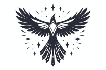 Stylized bird icon with geometric wings soars amidst shining star bursts gracefully