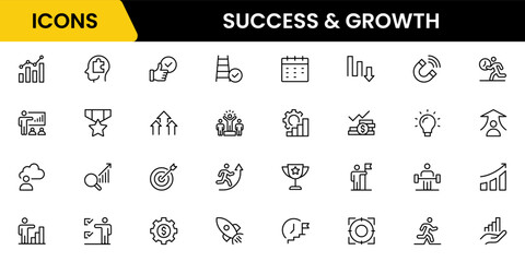 Success and growth web icons inline style. Handshake, growth profit, innovation, increase sale, coaching, progress, strategy, achievement, collection. Vector illustration.