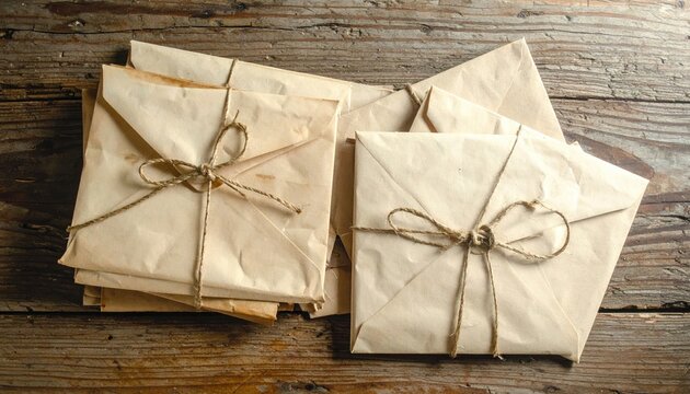 Stack Of Brown Paper Wrapped Letters Tied With Twine On A Rustic Wooden Table