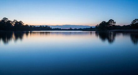 Obraz premium Wetland Reflection at Blue Hour_Wetland just after sunset, soft blue tones reflecting distant silhouettes of trees. World Wetlands Day