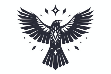 Stylized black bird is illustrated spreading its wings with diamond shapes above it