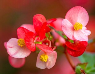 Obraz premium Close-up of vibrant red and pink flowers with yellow centers, soft petals, and blurred background