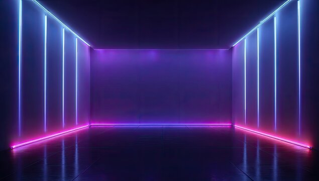 Dark, empty, futuristic room with glowing pink, purple, and blue neon lights