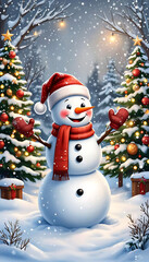 Obraz premium Snowman Waving Hello. Festive Snowman Greeting. Cheerful Snowman In Christmas Atmosphere.