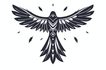 Stylized bird with geometric patterns spreads its wings amidst falling feathers in monochrome