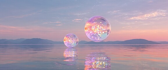 Two sparkling iridescent spheres float above tranquil water at a pastel sunset